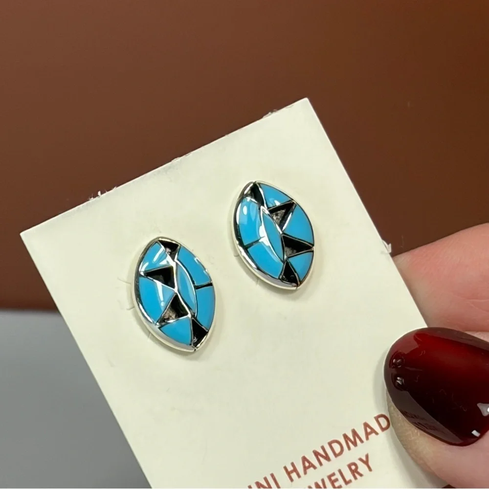 Zuni Silver Cut-Out Turquoise Inlay Post Earrings
